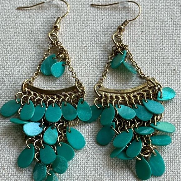 Boho Gold & Teal Chandelier Earrings - Picture 2 of 4